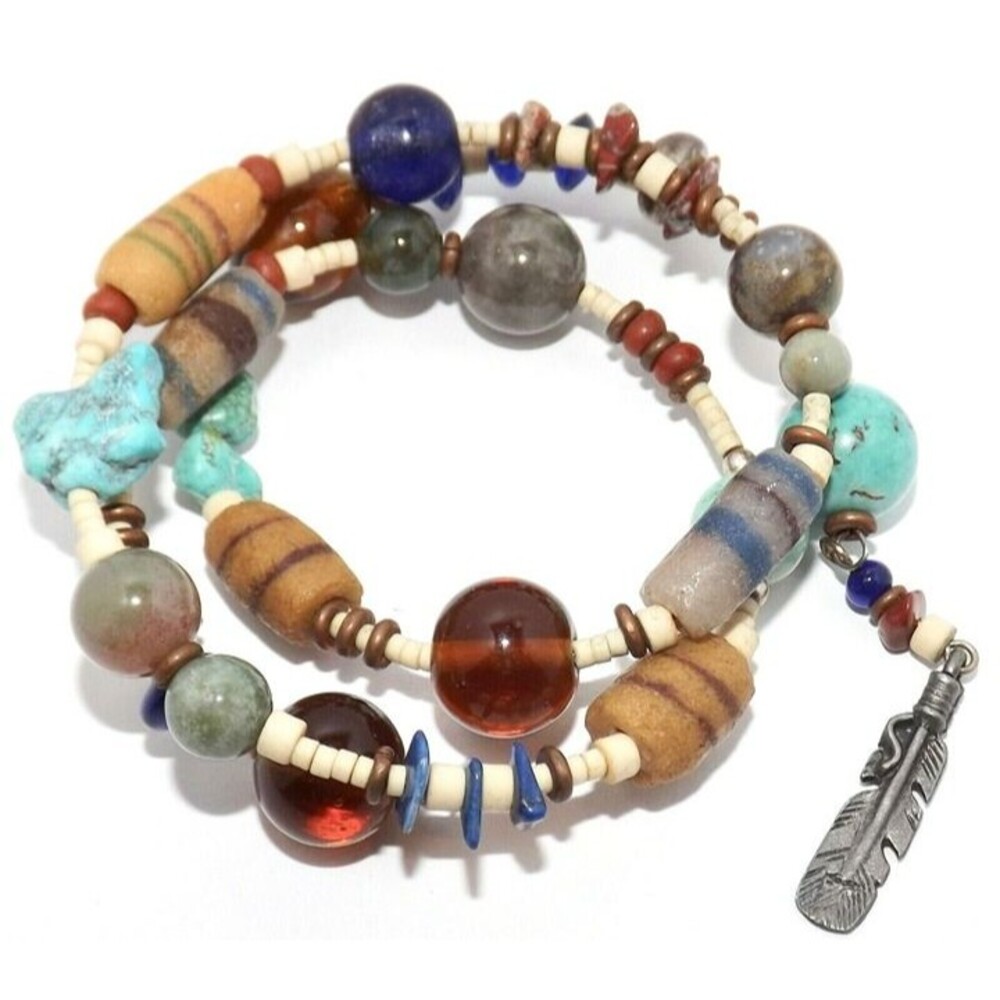 Glass Trade Beads Turquoise Lapis Lazuli  Gemstone Coil Wrap Bracelet